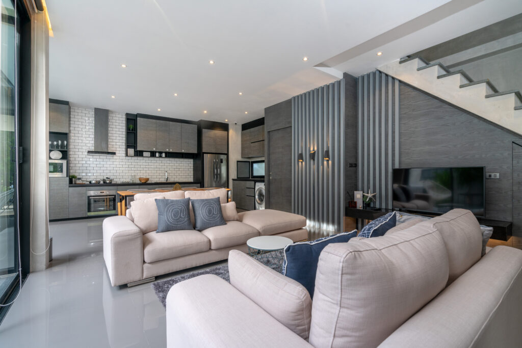 interior home design in living room with open kitchen in the loft house