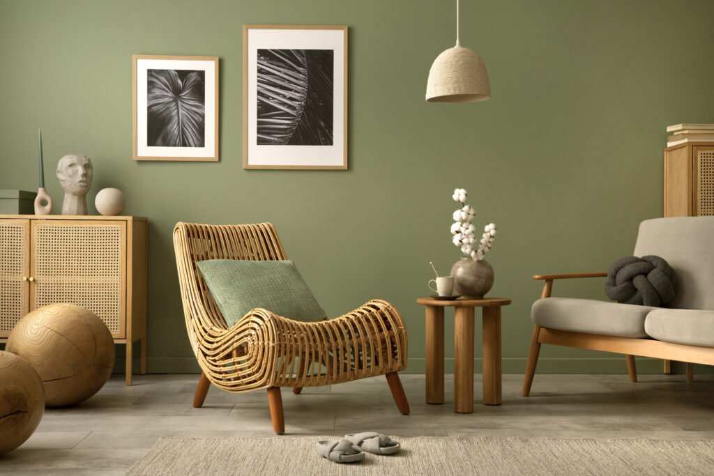 Modrern living room interior design with rattan armchair, wooden commode, mockup frames and stylish accessories. Template. Copy space.