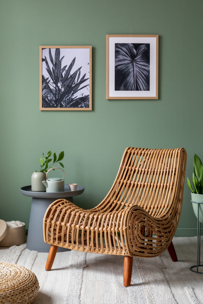 Stylish composition of bedroom in modern glamour interior design with armchair, grey coffe table, tropical posters and beautiful personal accessories. Mock up poster. Template.